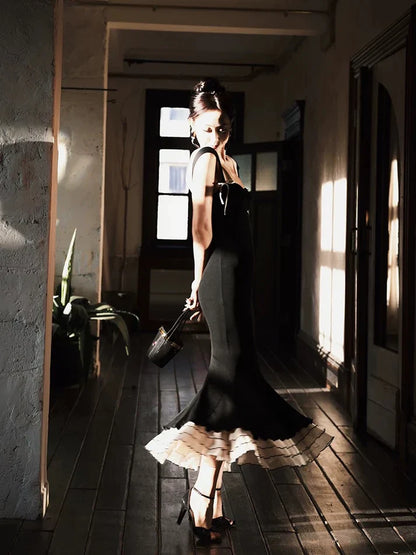 Quyihu Dress Sexy Black Mermaid Wide Strap Long Prom Dress Sweet Ruffle Formal Party Dress