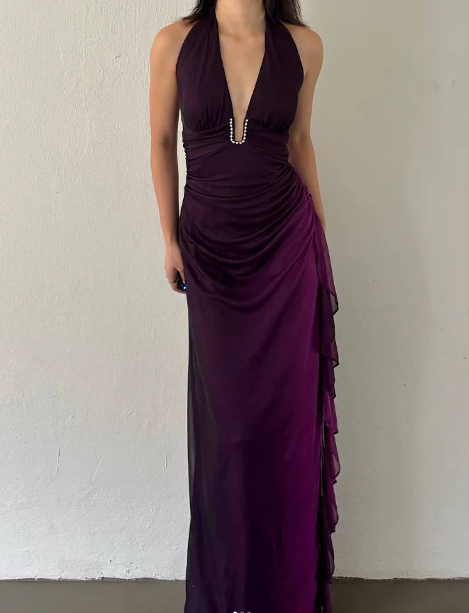Quyihu Dress Sexy Sheath Halter Purple Ombre Chiffon Long Prom Dress Evening Dress Party Dress
