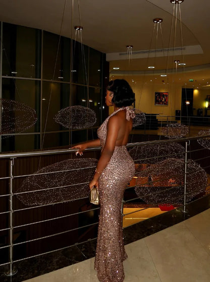 Quyihu Dress Sexy Sheath Halter Sequin Open Back Prom Dress Evening Dress Sleeveless Party Dress