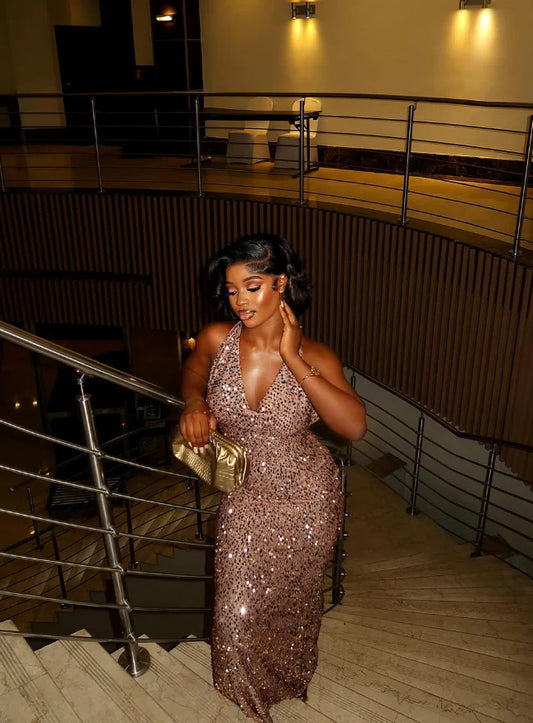 Quyihu Dress Sexy Sheath Halter Sequin Open Back Prom Dress Evening Dress Sleeveless Party Dress