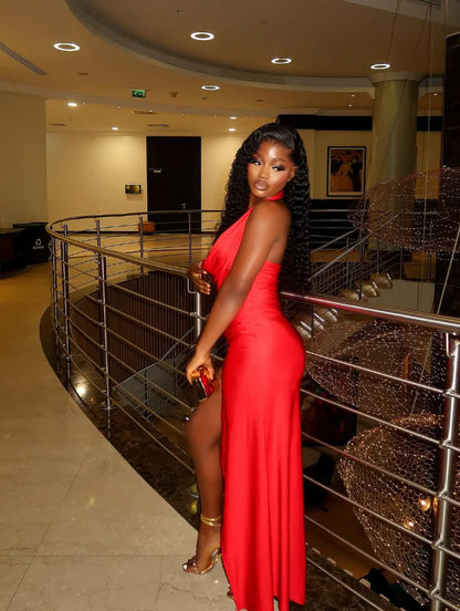 Quyihu Dress Sexy Sheath Halter V Neck Red Satin Prom Dress Evening Dress with Slit Sleeveless Party Dress