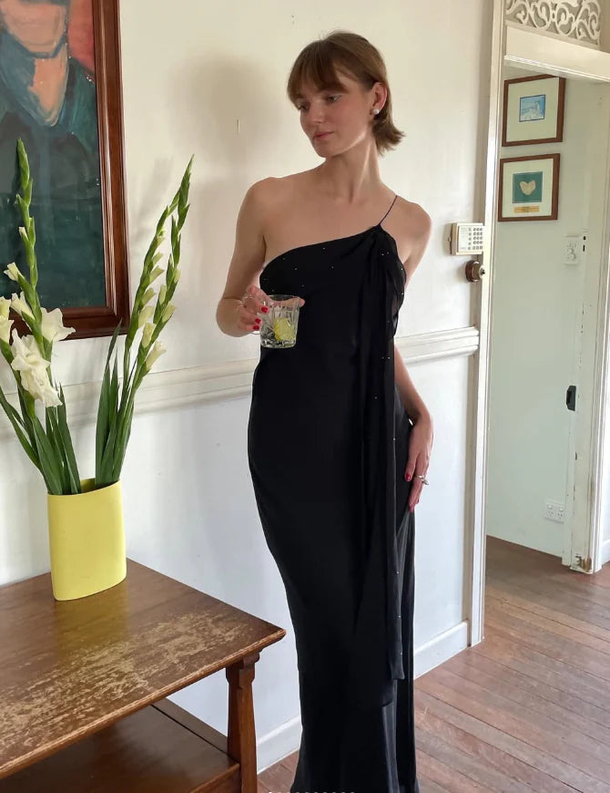 Quyihu Dress Sexy Sheath Spaghetti Strap Beaded Black Open Back Long Prom Dress Party Dress