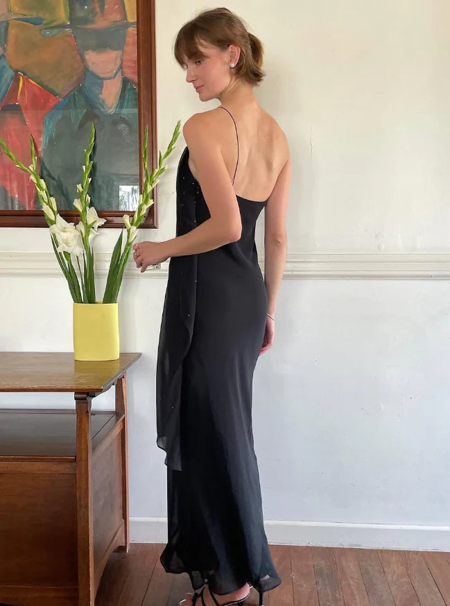 Quyihu Dress Sexy Sheath Spaghetti Strap Beaded Black Open Back Long Prom Dress Party Dress