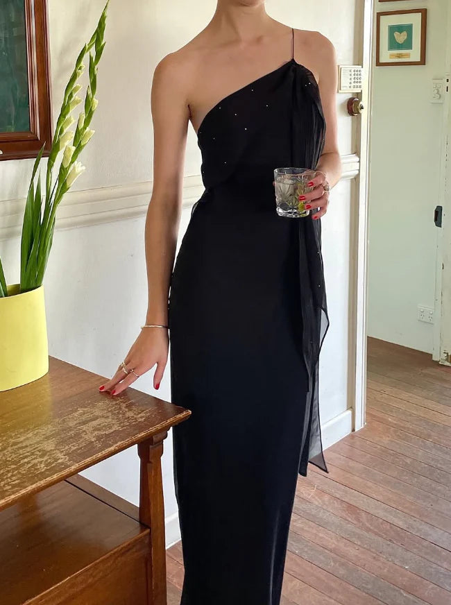 Quyihu Dress Sexy Sheath Spaghetti Strap Beaded Black Open Back Long Prom Dress Party Dress
