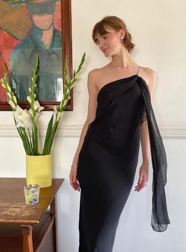 Quyihu Dress Sexy Sheath Spaghetti Strap Beaded Black Open Back Long Prom Dress Party Dress