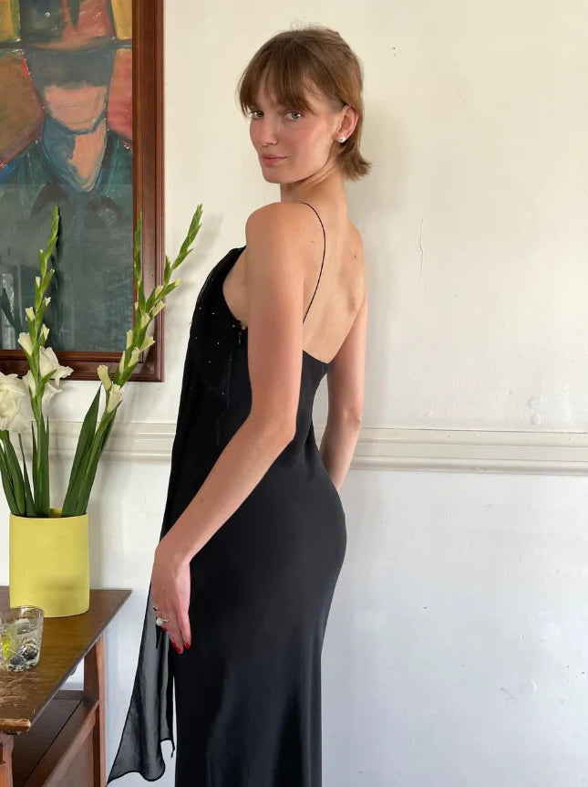 Quyihu Dress Sexy Sheath Spaghetti Strap Beaded Black Open Back Long Prom Dress Party Dress
