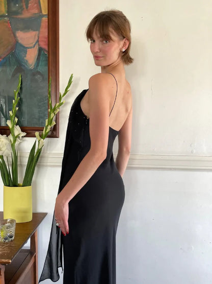 Quyihu Dress Sexy Sheath Spaghetti Strap Beaded Black Open Back Long Prom Dress Party Dress