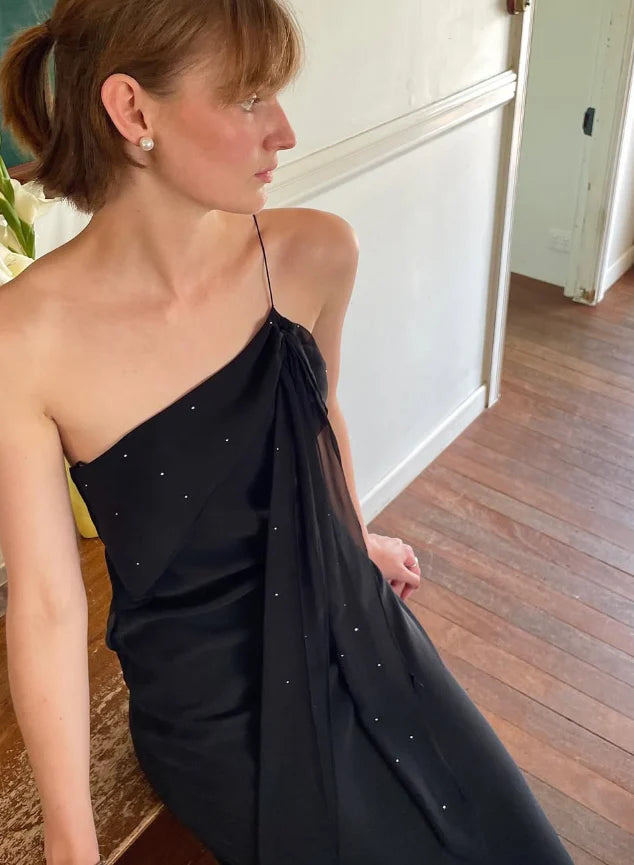 Quyihu Dress Sexy Sheath Spaghetti Strap Beaded Black Open Back Long Prom Dress Party Dress