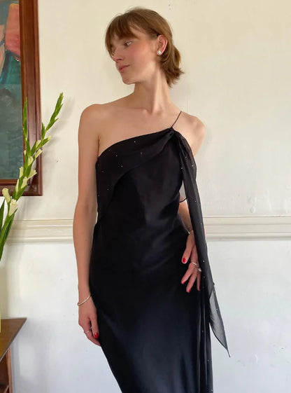Quyihu Dress Sexy Sheath Spaghetti Strap Beaded Black Open Back Long Prom Dress Party Dress