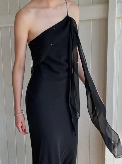 Quyihu Dress Sexy Sheath Spaghetti Strap Beaded Black Open Back Long Prom Dress Party Dress