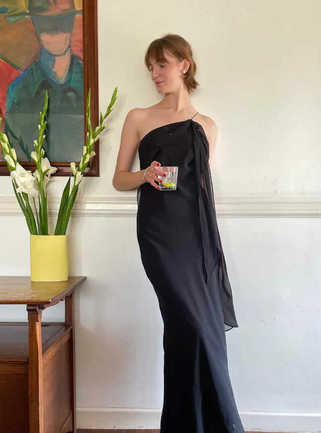 Quyihu Dress Sexy Sheath Spaghetti Strap Beaded Black Open Back Long Prom Dress Party Dress
