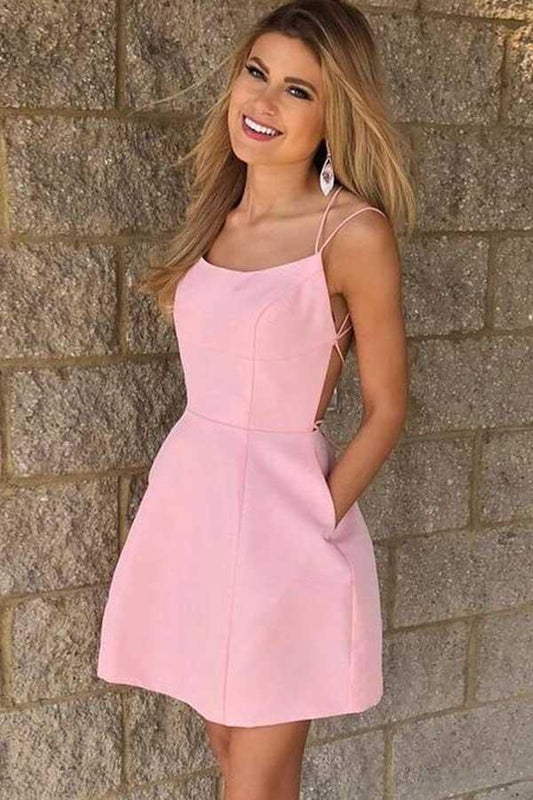 Quyihu Dress Sexy Spaghetti Straps Short Pink Homecoming Dress with Pockets