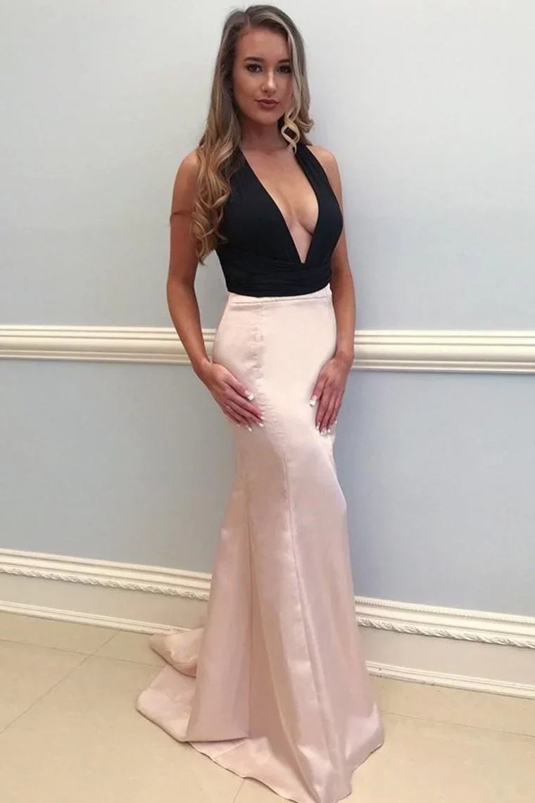 Quyihu Dress Sheath Deep V-Neck Sleeveless Long Simple Prom Dress