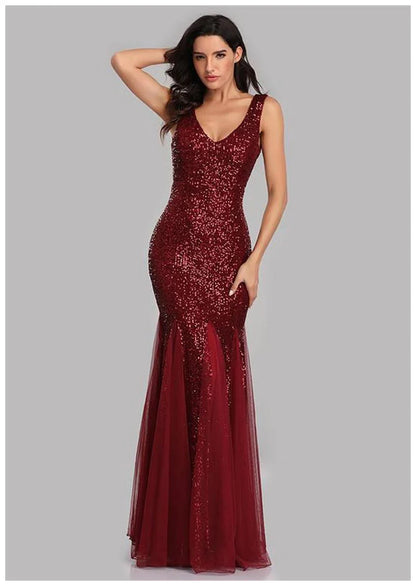 Quyihu Dress Shimmering V-Neck Sleeveless Sheath Sequined Tulle Maxi Evening Formal Dress Prom Dress
