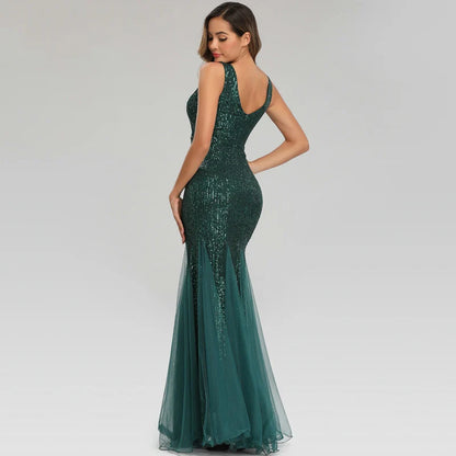 Quyihu Dress Shimmering V-Neck Sleeveless Sheath Sequined Tulle Maxi Evening Formal Dress Prom Dress