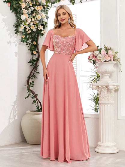 Quyihu Dress Short Bell Sleeves Sequined Bodice A-line Chiffon Maxi Evening Dress Prom Dress
