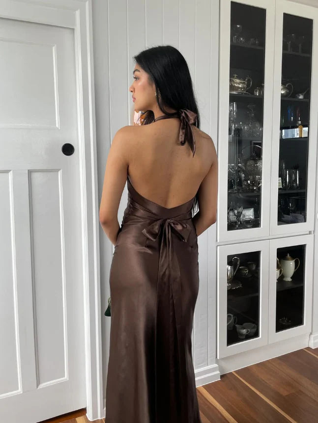 Quyihu Dress Simple A Line Halter Brown Satin Open Back Evening Dress Sleeveless Party Dress