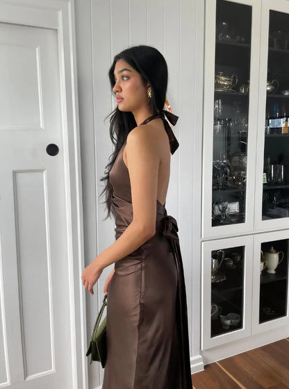 Quyihu Dress Simple A Line Halter Brown Satin Open Back Evening Dress Sleeveless Party Dress