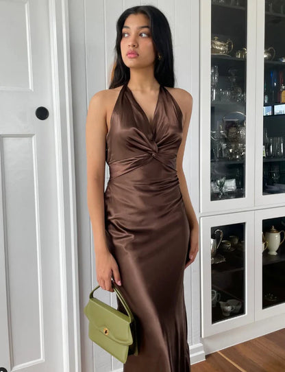 Quyihu Dress Simple A Line Halter Brown Satin Open Back Evening Dress Sleeveless Party Dress