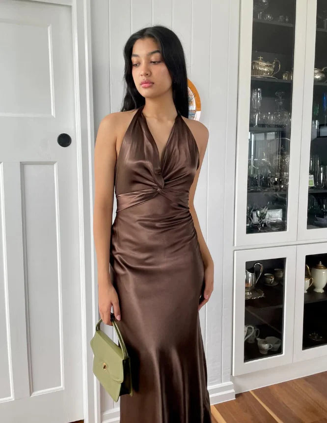 Quyihu Dress Simple A Line Halter Brown Satin Open Back Evening Dress Sleeveless Party Dress