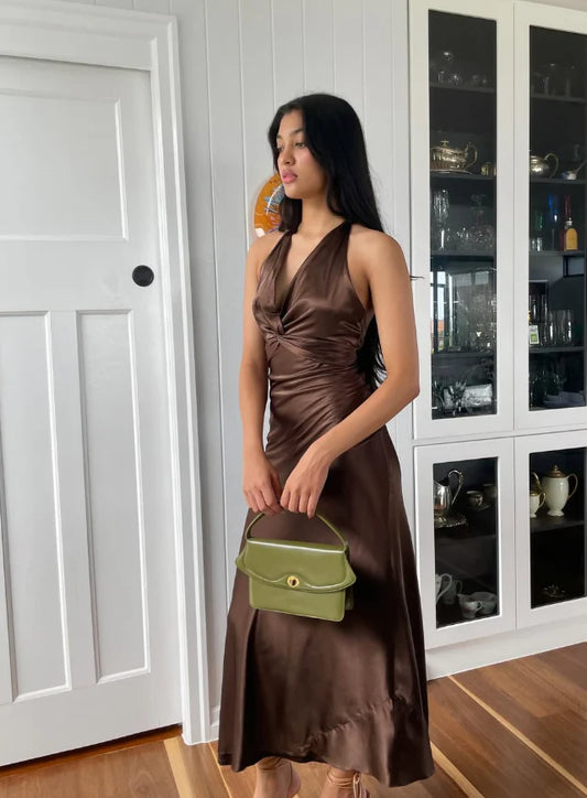 Quyihu Dress Simple A Line Halter Brown Satin Open Back Evening Dress Sleeveless Party Dress