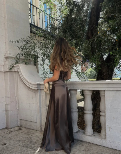 Quyihu Dress Simple Brown Spaghetti Straps A Line Prom Dress Party Dress