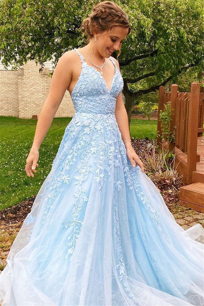 Quyihu Dress Sky Blue Spaghetti Straps V Neck Tulle Ball Gown Prom Dress With Appliques Evening Dress
