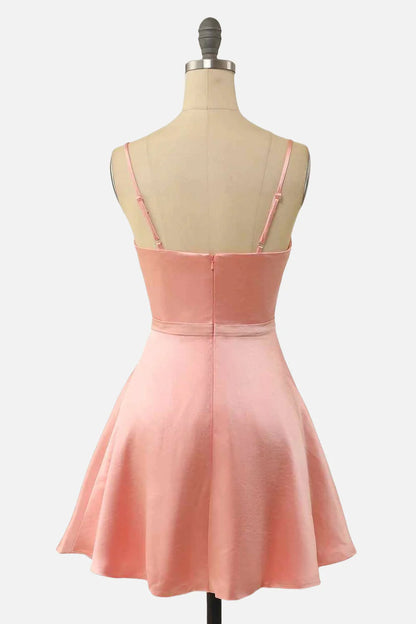 Quyihu Dress Spaghetti Straps A-line Blush V Neck Twist Short Homecoming Dress