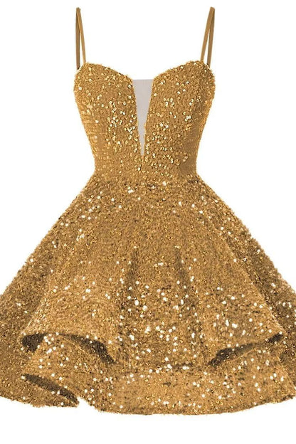 Quyihu Dress Spaghetti Straps Blue Tiered Sequin Short Homecoming Dress