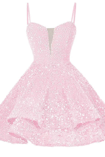 Quyihu Dress Spaghetti Straps Blue Tiered Sequin Short Homecoming Dress