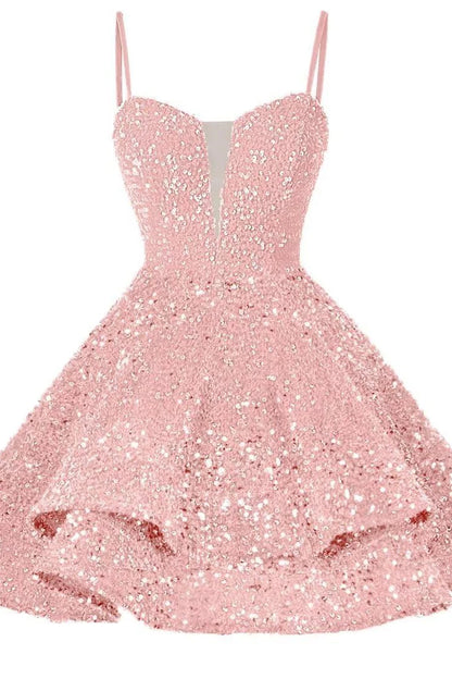 Quyihu Dress Spaghetti Straps Blue Tiered Sequin Short Homecoming Dress