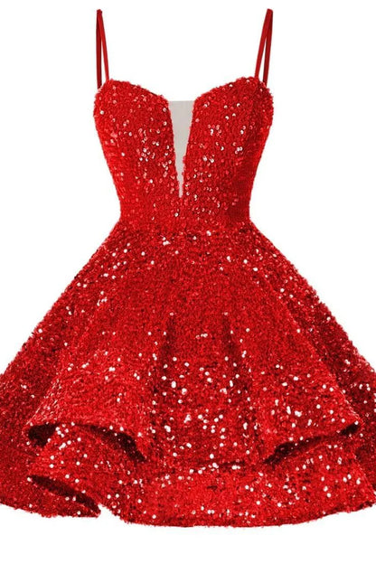 Quyihu Dress Spaghetti Straps Blue Tiered Sequin Short Homecoming Dress