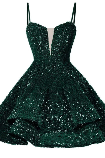 Quyihu Dress Spaghetti Straps Blue Tiered Sequin Short Homecoming Dress