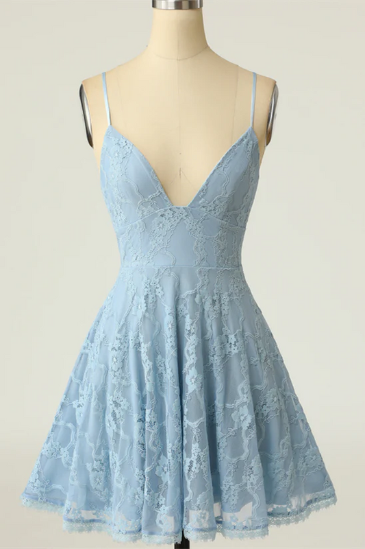 Quyihu Dress Spaghetti Straps Light Blue Lace A-line Homecoming Dress