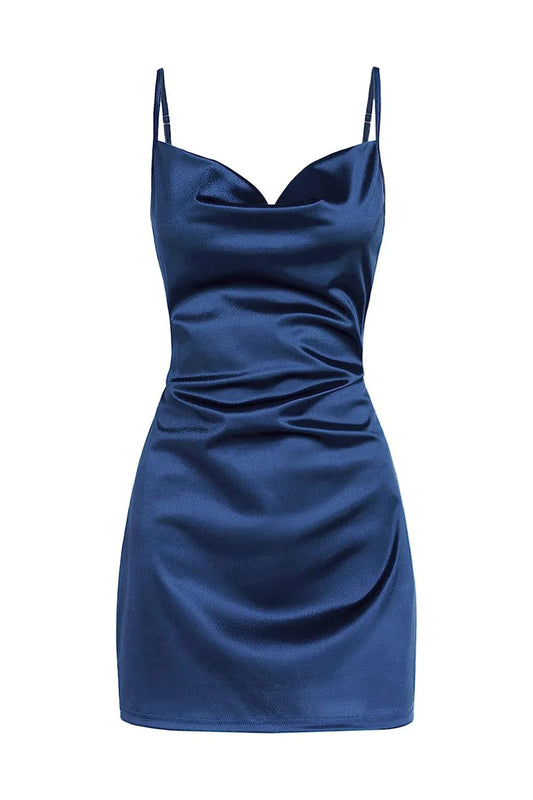 Quyihu Dress Spaghetti Straps Navy Blue Cowl Neck Short Party Dress Homecoming Dress