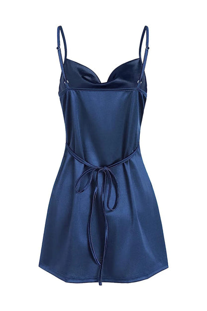 Quyihu Dress Spaghetti Straps Navy Blue Cowl Neck Short Party Dress Homecoming Dress
