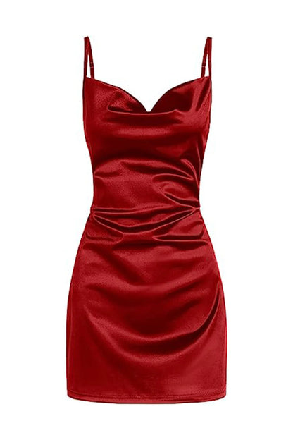 Quyihu Dress Spaghetti Straps Navy Blue Cowl Neck Short Party Dress Homecoming Dress