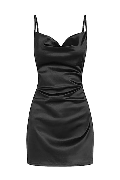 Quyihu Dress Spaghetti Straps Navy Blue Cowl Neck Short Party Dress Homecoming Dress