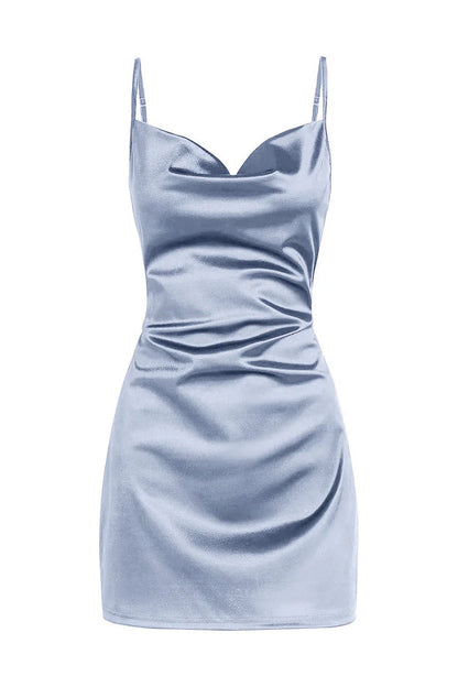 Quyihu Dress Spaghetti Straps Navy Blue Cowl Neck Short Party Dress Homecoming Dress