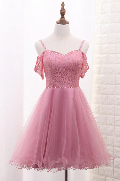Quyihu Dress Spaghetti Straps Pink Beaded Tulle A-line Short Dress Homecoming Dress