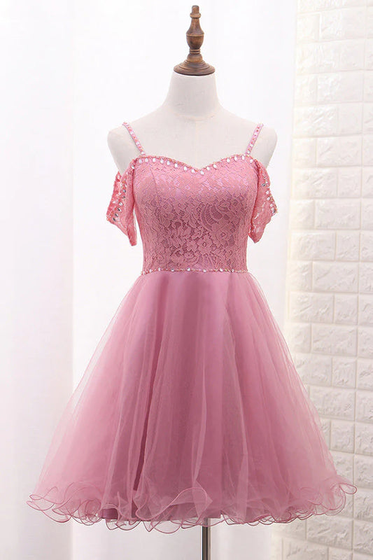 Quyihu Dress Spaghetti Straps Pink Beaded Tulle A-line Short Dress Homecoming Dress