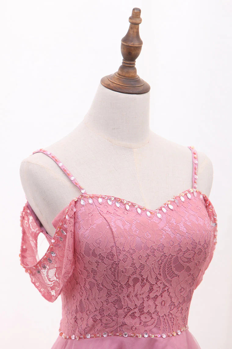 Quyihu Dress Spaghetti Straps Pink Beaded Tulle A-line Short Dress Homecoming Dress