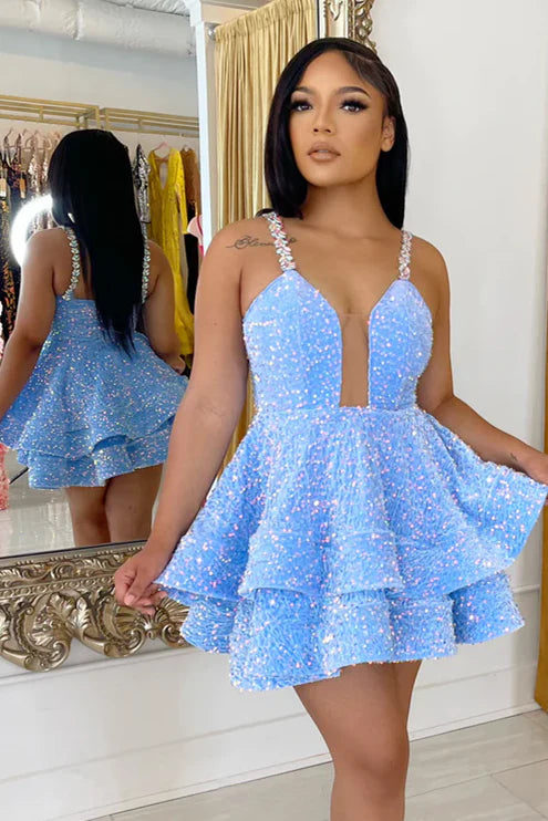 Quyihu Dress Spaghetti Straps Pink Tiered Sequin A-line Short Dress Homecoming Dress