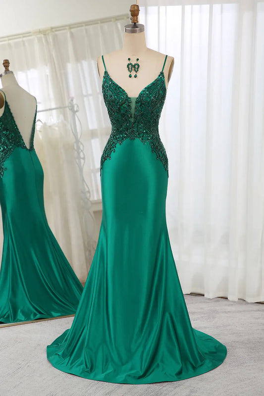 Quyihu Dress Spaghetti Straps V Neck Elegant Sleeveless Mermaid Satin With Appliques Prom Dress