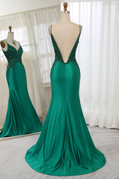 Quyihu Dress Spaghetti Straps V Neck Elegant Sleeveless Mermaid Satin With Appliques Prom Dress