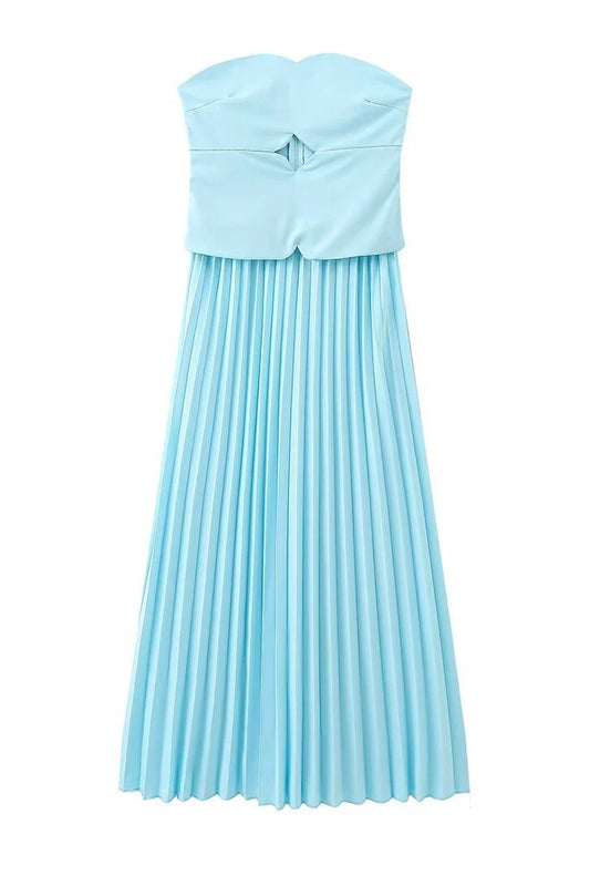 Quyihu Dress Strapless Blue Pleated A-line Long Dress Prom Dress
