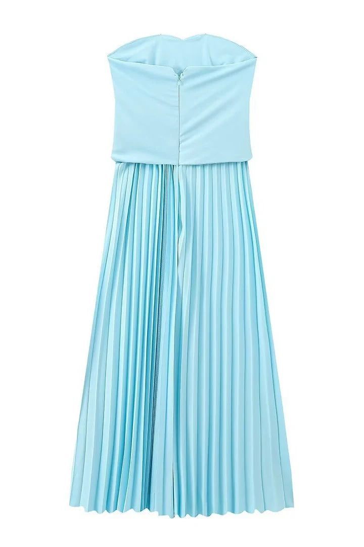 Quyihu Dress Strapless Blue Pleated A-line Long Dress Prom Dress