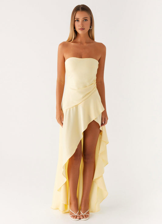Quyihu Dress Strapless Maxi Dress Sleeveless Yellow Chic Backless Satin Prom Dress With Irregular Hight Slit