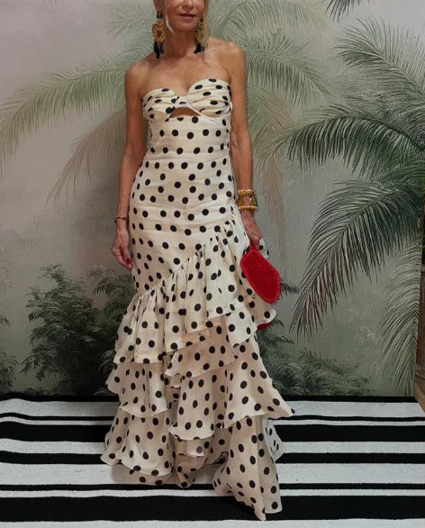 Quyihu Dress Strapless Polka Dots Dress Tiered Fashion Prom Evening Dresses For Women