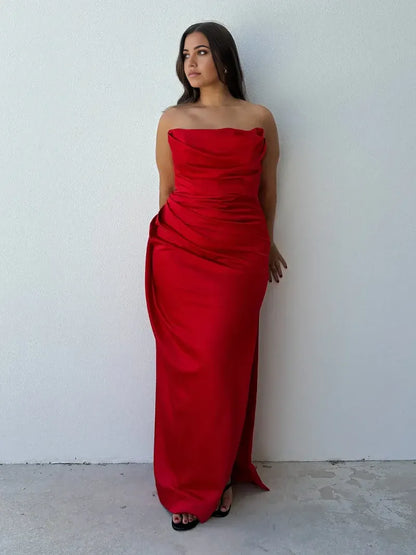 Quyihu Dress Strapless Sleeveless Red Floor-length Ball Gown Prom Dress